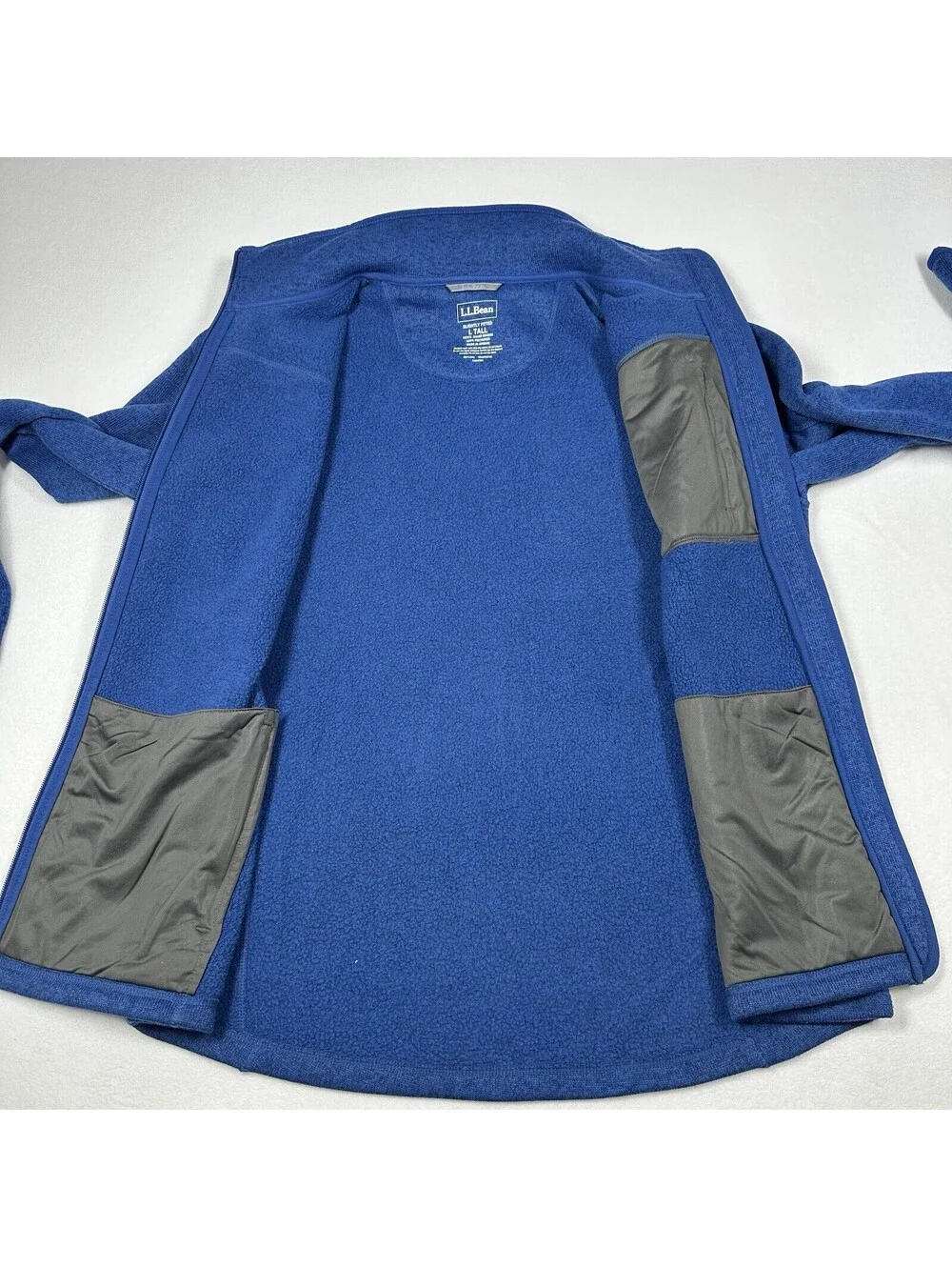 LL Bean Fleece Sweater Blue Full Zip Long Sleeve Slightly Fitted Mens Size LT